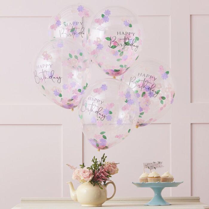 Ballons Confettis happy birthday fleurs - Royaume MELAZIC